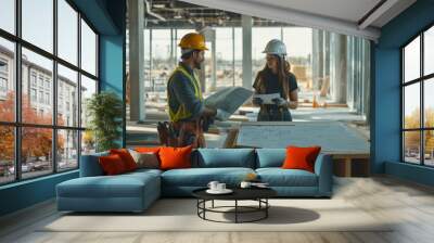 Two contractors discussing blueprints inside building under construction Wall mural