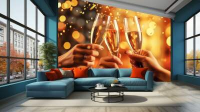 Celebration christmas or new years eve party. People holding glasses of champagne making a toast. Champagne with blurred bokeh and confetti background Wall mural