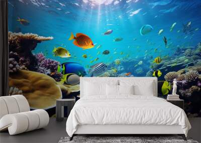 coral reef and variety of colorful tropical fish in the ocean Wall mural