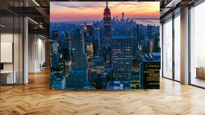 New York Manhattan view from One World Trade Center. sunset view with financial buildings city light. Empire State building on sunset  Wall mural