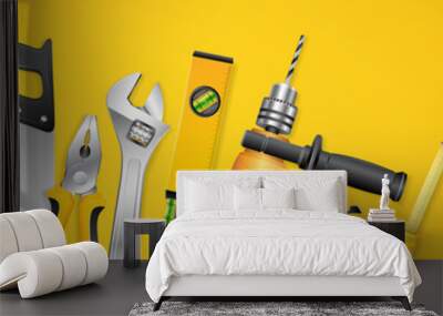 Construction concept tools shop service horizontal banner and flat icons set all of tools supplies for house repair builder on white background vector illustration Wall mural