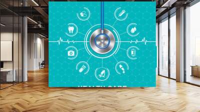 stethoscope and heartbeat flat icons in medicine, medical, health, cross, healthcare for background concepts vector illustration Wall mural