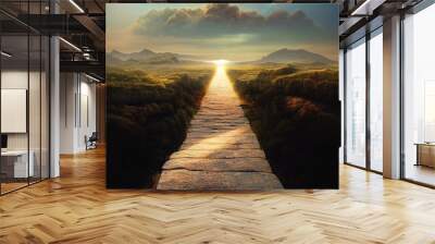 Beautiful dramatic mysterious landscape with spiritual pathway to heaven. Generative AI Wall mural