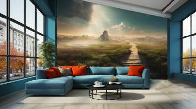 Beautiful dramatic mysterious landscape with spiritual pathway to heaven. Generative AI Wall mural