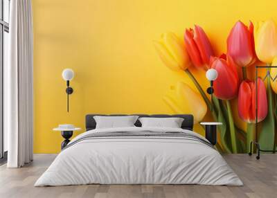 Beautiful tulips isolated on yellow background, floral romantic spring layout, copy space for text Wall mural