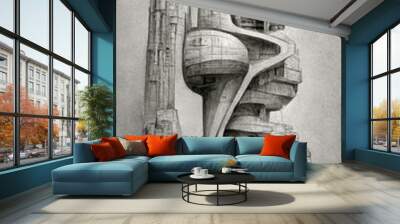 Futuristic surreal urban architecture pencil drawing style. Fantasy alien city. 3D illustration. Wall mural