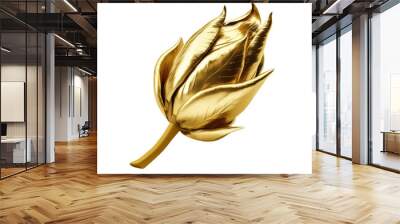 Golden metallic 3d flower bud isolated on white. Single luxury gold floral element. Generative AI. Wall mural