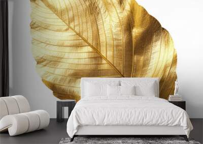 Golden metallic 3d leaf isolated on white. Single luxury gold floral element. Generative AI. Wall mural