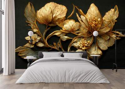 Luxury golden flower decorative background. Beautiful precious metal floral art. 3D illustration. Wall mural