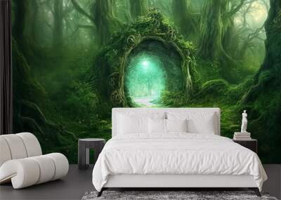 Magic teleport portal in mystic fairy tale forest. Gate to parallel fantasy world. 3D illustration. Wall mural