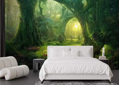 Magic teleport portal in mystic fairy tale forest. Gate to parallel fantasy world. 3D illustration. Wall mural