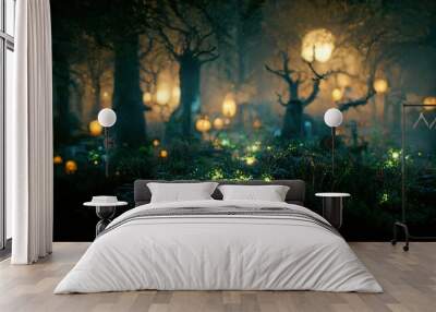 Realistic haunted forest creepy landscape at night. Fantasy Halloween forest background. Digital art. Wall mural