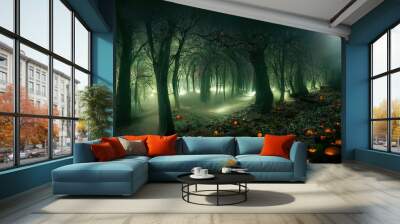 Realistic haunted forest spooky landscape at night. Fantasy Halloween forest background. 3D illustration. Wall mural