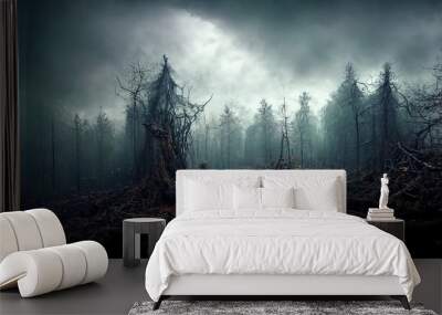 Realistic haunted forest spooky landscape at night. Fantasy Halloween forest background. Digital art. Wall mural