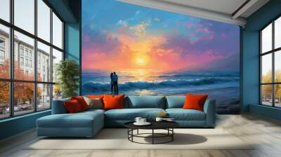 A couple on holiday making love on the beach enjoying the beautiful sunset Wall mural