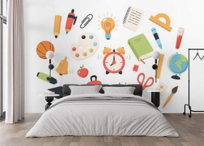 Back to school collection of supplies for children. Cute colorful vector illustration in flat cartoon style Wall mural