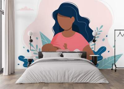 Black woman breastfeeding a baby with nature and leaves background. Concept vector illustration in flat style. Wall mural