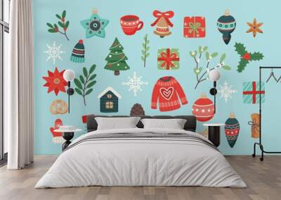 Christmas set, cute seasonal elements, vector illustration in flat style Wall mural