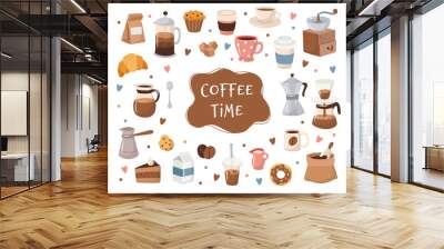 Coffee collection, different coffee elements with lettering. Cute cartoon icons in hand drawn style. Vector illustration Wall mural