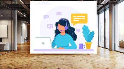 Contact us. Woman with headphones and microphone with computer. Concept illustration for support, assistance, call center. Vector illustration in flat style Wall mural