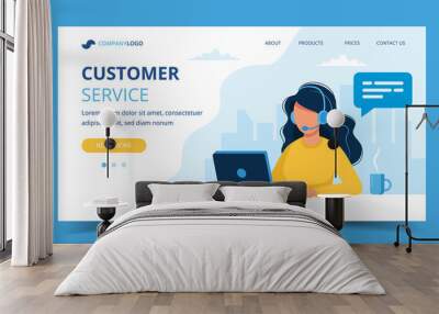 Customer service landing page. Woman with headphones and microphone with laptop. Concept illustration for call center. Wall mural