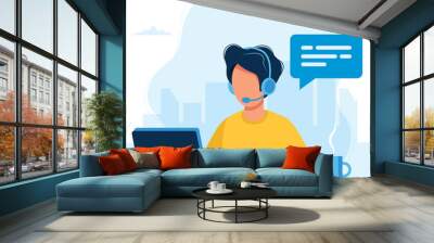 customer service. man with headphones and microphone with laptop. concept illustration for support,  Wall mural