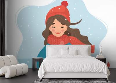 Cute girl in winter holding a cup with winter background and snow. Vector illustration in flat style Wall mural