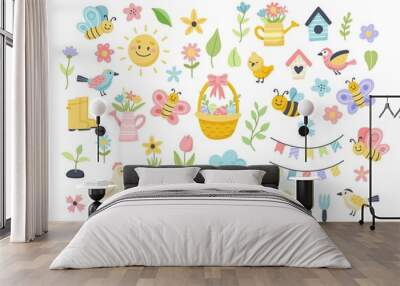 Easter spring set with cute eggs, birds, bees, butterflies. Hand drawn flat cartoon elements. illustration Wall mural