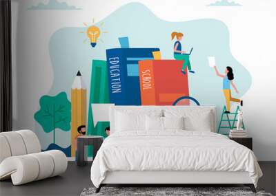 Education concept vector illustration in flat style. Online education, school, university, creative ideas. People working with books. Characters doing various tasks, teamwork. Wall mural