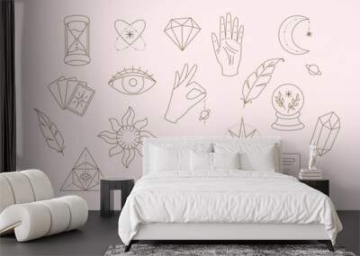 Esoteric elements collection. Magic icons minimalistic symbols, planets, hands and crystals, cards and eyes. Hand drawn linear vector illustration Wall mural