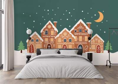 Gingerbread houses christmas scene. Cute vector illustration in flat cartoon style Wall mural