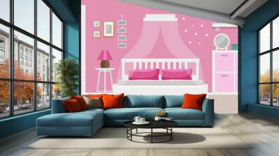 Girl's room interior, teenager room, pink colors, flat style vector illustration template Wall mural