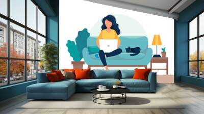 girl with laptop sitting on the chair. freelance or studying concept. cute illustration in flat styl Wall mural