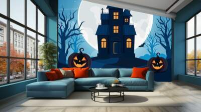 Halloween party flyer template with haunted house and pumpkins Wall mural