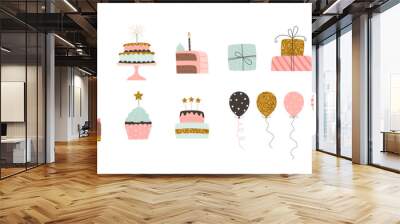 Happy birthday party elements collection. Cakes, balloons, gifts and party hats. Festive set in simple style, vector illustration Wall mural