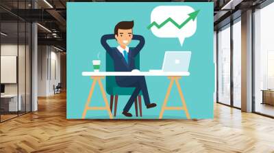 Happy businessman character in flat style, man wearing suit sitting at the computer relaxed. Business going up. Vector illustration template Wall mural