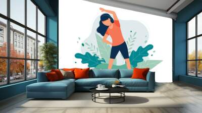 Happy woman exercising in the park. Vector illustration in flat style, concept illustration for healthy lifestyle, sport, exercising. Wall mural