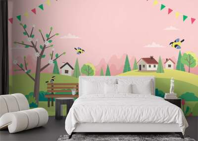 Hello spring, landscape with bench, houses, fields and nature. Decorative garlands. Cute vector illustration in flat style Wall mural