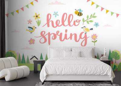 Hello spring card with lettering and cute landscape. Hand drawn flat cartoon. Vector illustration Wall mural