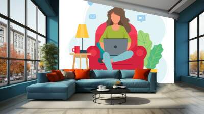 Home office concept, woman working from home sitting on a chair, student or freelancer. Cute vector illustration in flat style Wall mural