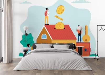 Investing money in real estate, buying house, small people doing various tasks. Concept vector illustration in flat style Wall mural