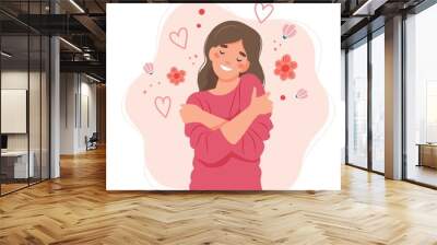 Love yourself concept, woman hugging herself, vector illustration in flat style Wall mural