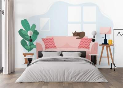 Modern sofa with a side table and plant, cute interior vector illustration in flat style Wall mural