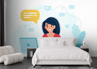 Online marketing specialist. Female character working with laptop. Vector illustration in flat style Wall mural