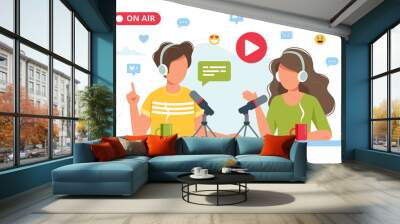 People talking to microphone recording podcast in studio. Vector illustration in flat style Wall mural