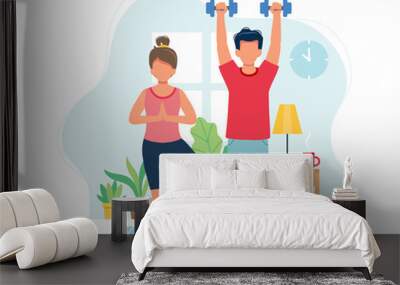 Stay home concept. People doing exercise in cozy modern interior. illustration in flat style Wall mural