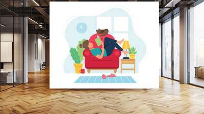 Stay home concept. Woman on chair reading a book in cozy modern interior. illustration in flat style Wall mural