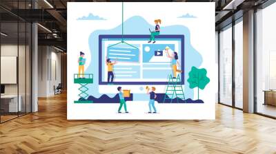 Website construction, web design concept illustration in flat style. People working on website. Characters doing various tasks, teamwork. Wall mural