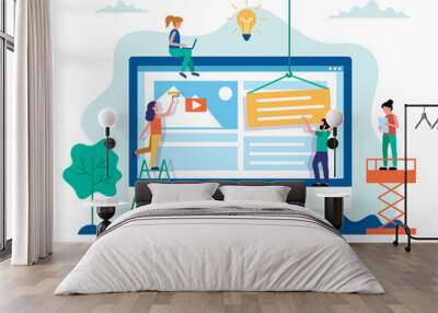 Website design - building a website, working on layout. Small people characters doing various tasks. Concept vector illustration in flat style Wall mural