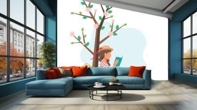 Woman reading book under the tree in spring. Cute vector illustration in flat style Wall mural